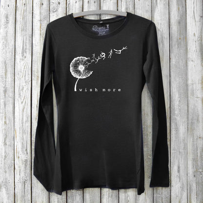Women's Dandelion Long Sleeve T-Shirt in black bamboo and organic cotton with 'Wish More' graphic, ideal for eco-conscious inspirational gifting.