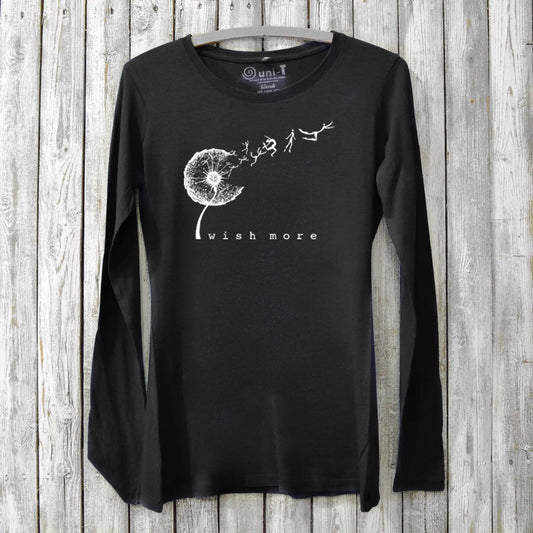 Women's Dandelion Long Sleeve T-Shirt in black bamboo and organic cotton with 'Wish More' graphic, ideal for eco-conscious inspirational gifting.