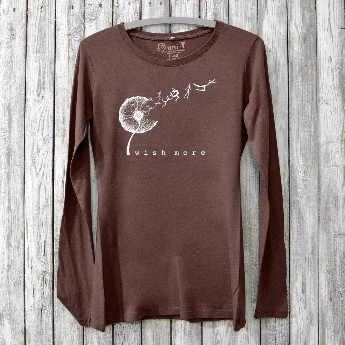 Brown bamboo and organic cotton women's long sleeve shirt with inspirational 'Wish More' dandelion print, ideal for eco-friendly wellness fashion.