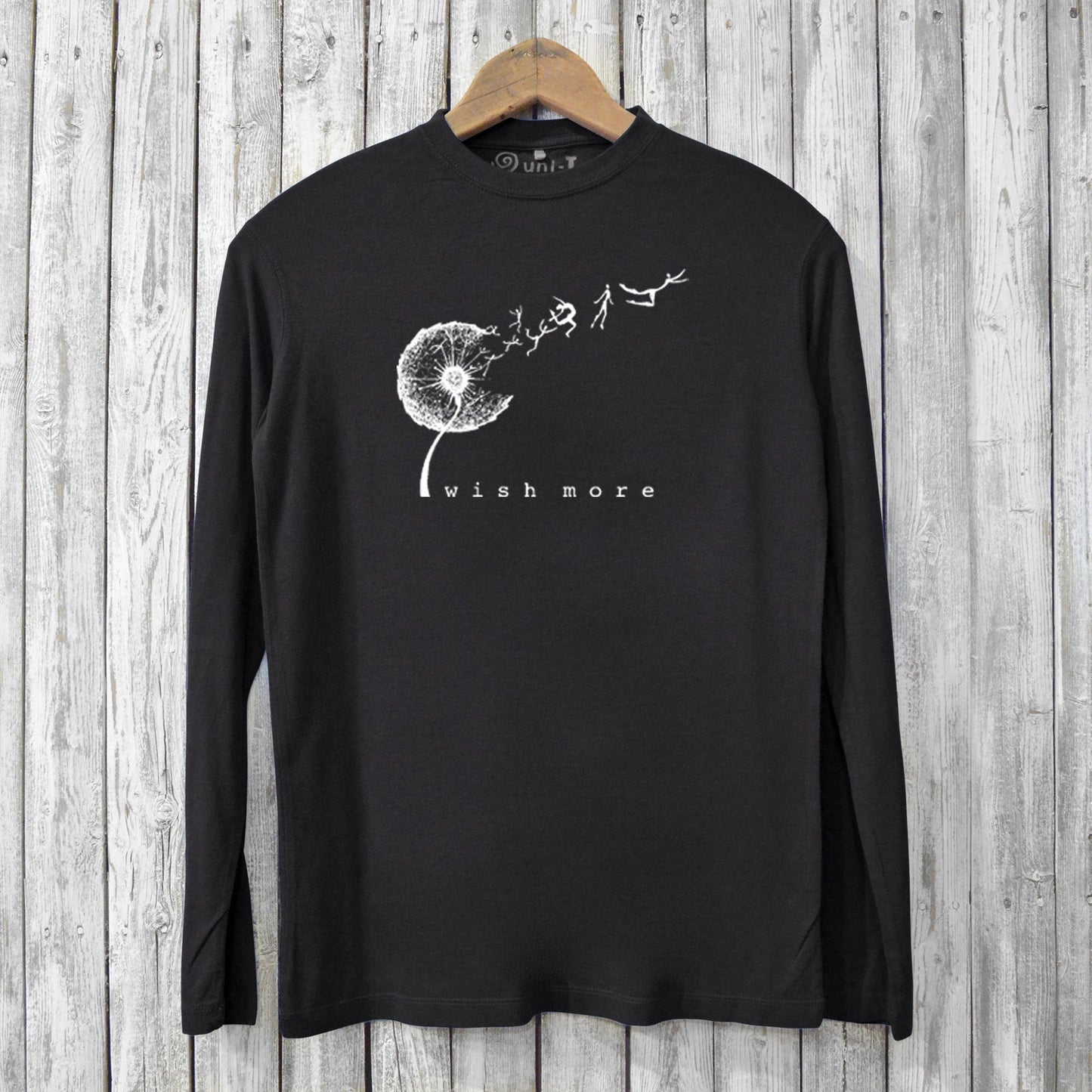 Eco-friendly long sleeve t-shirt for men in black with 'Wish More' dandelion graphic. Made from bamboo and organic cotton for softness and durability.