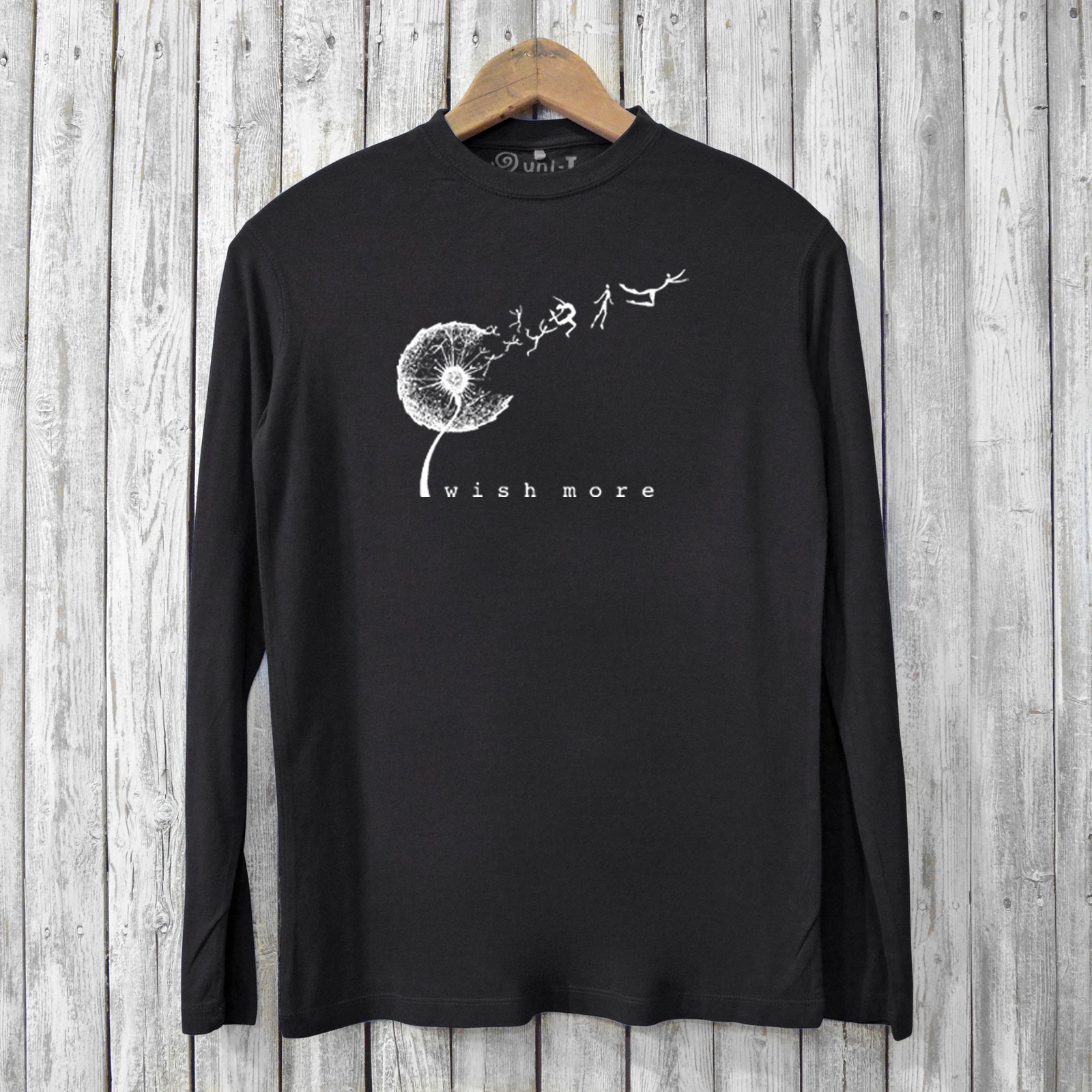 Eco-friendly long sleeve t-shirt for men in black with 'Wish More' dandelion graphic. Made from bamboo and organic cotton for softness and durability.