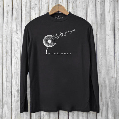 Eco-friendly long sleeve t-shirt for men in black with 'Wish More' dandelion graphic. Made from bamboo and organic cotton for softness and durability.