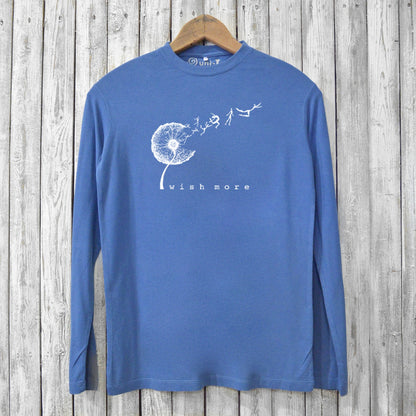 Men’s bamboo and organic cotton long sleeve tee in blue featuring a white 'Wish More' graphic. Sustainable, soft, and ideal for casual wear.
