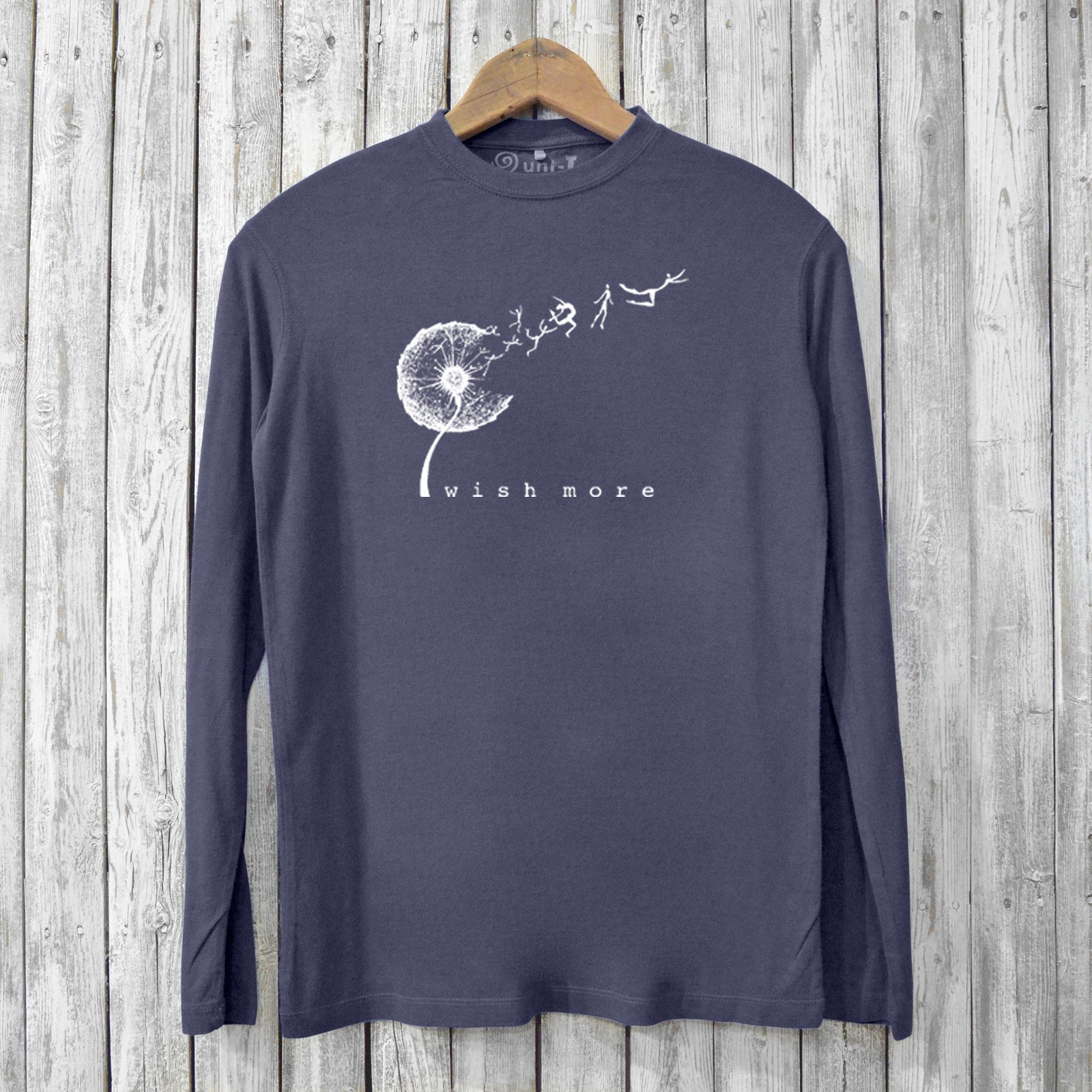 Soft and durable men's long sleeve t-shirt in charcoal with eco-friendly bamboo fabric. Features a white 'Wish More' dandelion design for a stylish look.