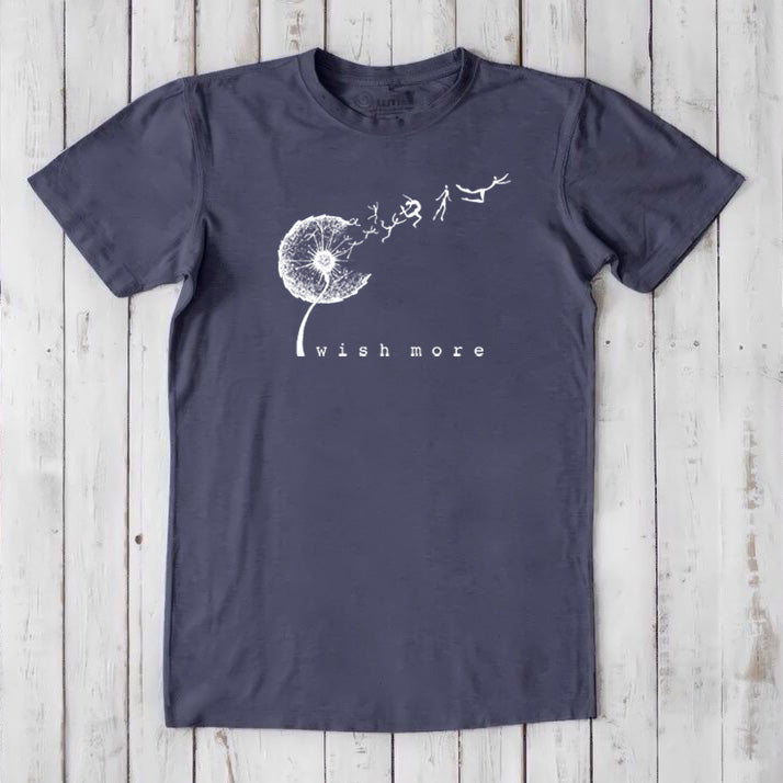 Men's Dandelion T-Shirt in Bamboo & Organic Cotton in navy with 'Wish More' nature graphic and classic fit, ideal eco-friendly gift for him.