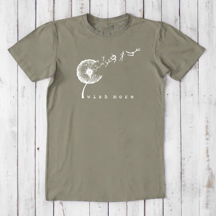Khaki-green Men's Dandelion T-Shirt in Bamboo & Organic Cotton featuring motivational 'Wish More' print, sustainable and stylish gift for him.