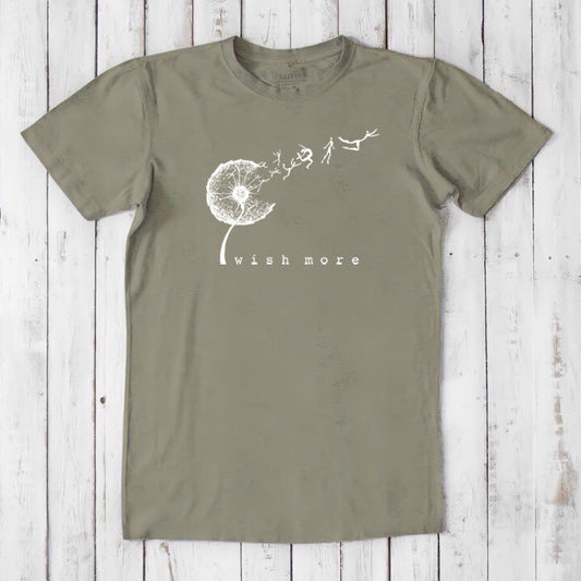 Khaki-green Men's Dandelion T-Shirt in Bamboo & Organic Cotton featuring motivational 'Wish More' print, sustainable and stylish gift for him.