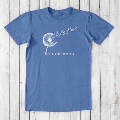 Ocean-blue Men's Dandelion T-Shirt in Bamboo & Organic Cotton with whimsical 'Wish More' graphic, breathable and eco-conscious fashion top.