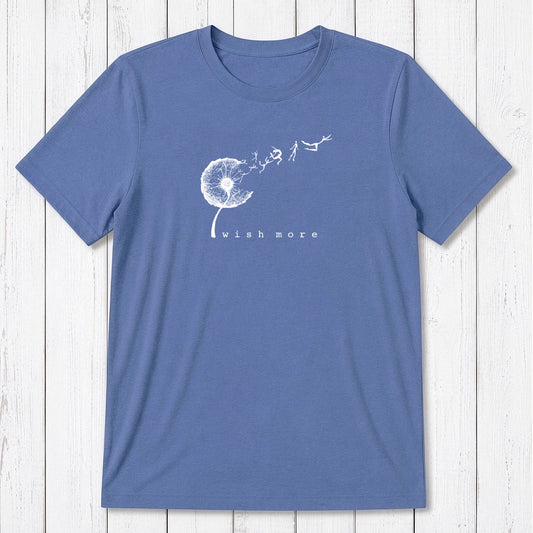 Ocean-blue Men's Dandelion T-Shirt in Bamboo & Organic Cotton with whimsical 'Wish More' graphic, breathable and eco-conscious fashion top.