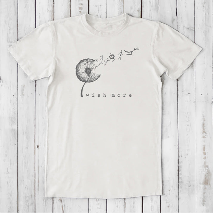 Ivory Men's Dandelion T-Shirt in Bamboo & Organic Cotton with black 'Wish More' design, soft and sustainable gift tee for nature lovers.