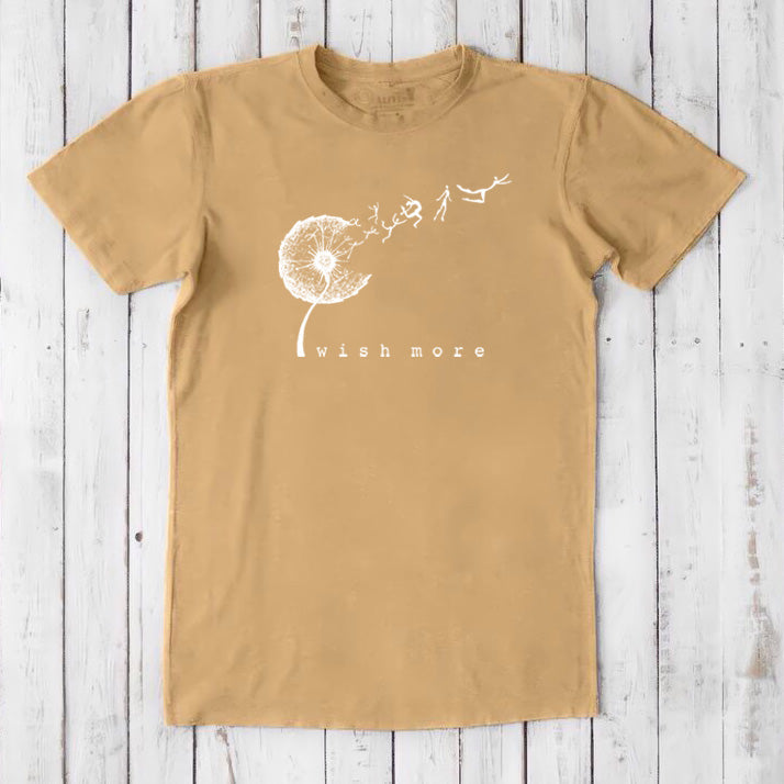 Mustard-yellow Men's Dandelion T-Shirt in Bamboo & Organic Cotton with white 'Wish More' print, motivational and earth-friendly gift idea.