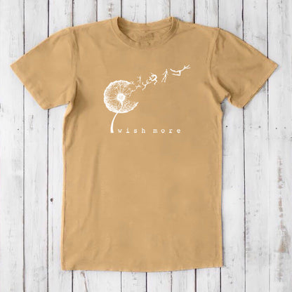 Mustard-yellow Men's Dandelion T-Shirt in Bamboo & Organic Cotton with white 'Wish More' print, motivational and earth-friendly gift idea.