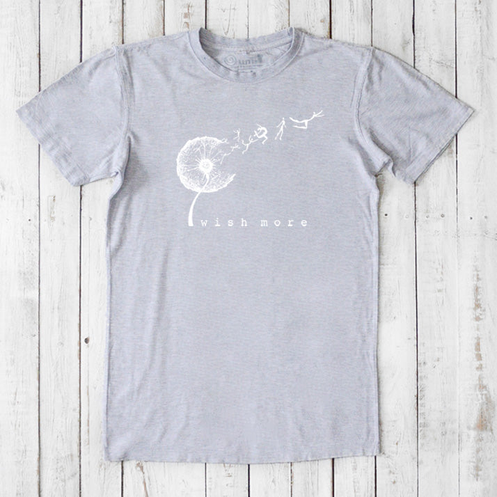 Heather gray Men's Dandelion T-Shirt in Bamboo & Organic Cotton with white 'Wish More' graphic, soft and sustainable casual wear option.