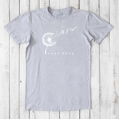 Heather gray Men's Dandelion T-Shirt in Bamboo & Organic Cotton with white 'Wish More' graphic, soft and sustainable casual wear option.