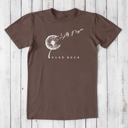 Dark brown Men's Dandelion T-Shirt in Bamboo & Organic Cotton with white 'Wish More' print, nature-inspired and eco-friendly gift tee.