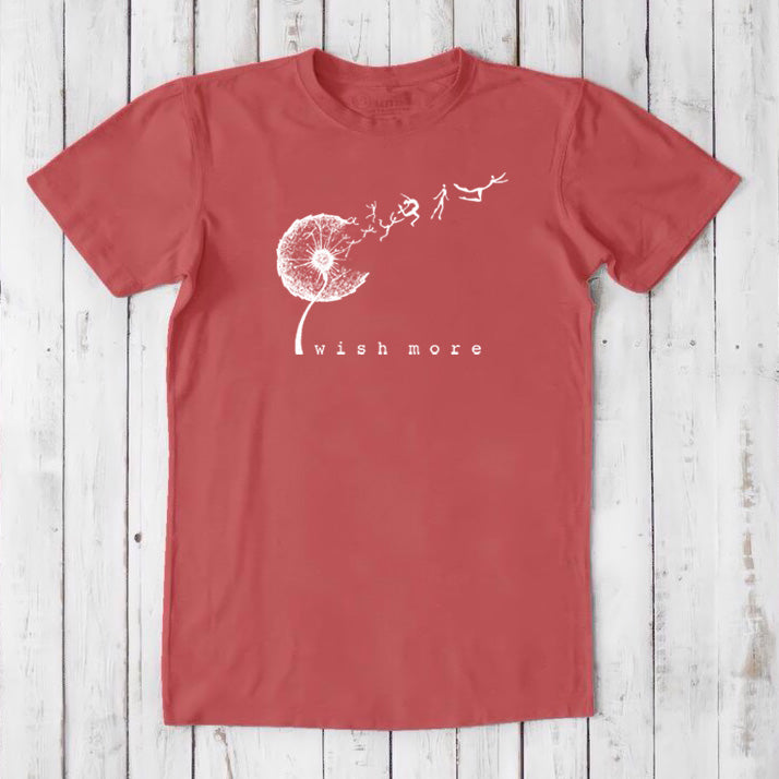 Red clay Men's Dandelion T-Shirt in Bamboo & Organic Cotton with white 'Wish More' graphic, soft and sustainable motivational tee for men.