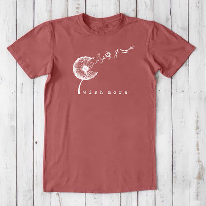 Rust red Men's Dandelion T-Shirt in Bamboo & Organic Cotton with white 'Wish More' design, nature-themed and eco-conscious gift idea.