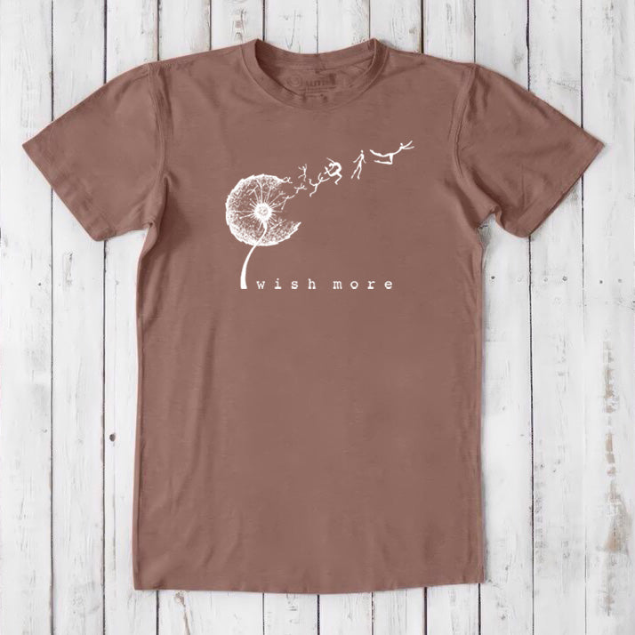 Light brown Men's Dandelion T-Shirt in Bamboo & Organic Cotton with white 'Wish More' graphic, classic fit sustainable tee for everyday wear.