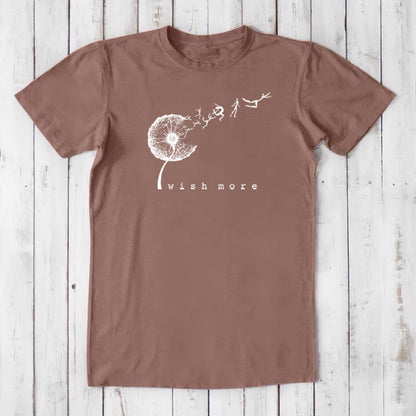 Light brown Men's Dandelion T-Shirt in Bamboo & Organic Cotton with white 'Wish More' graphic, classic fit sustainable tee for everyday wear.