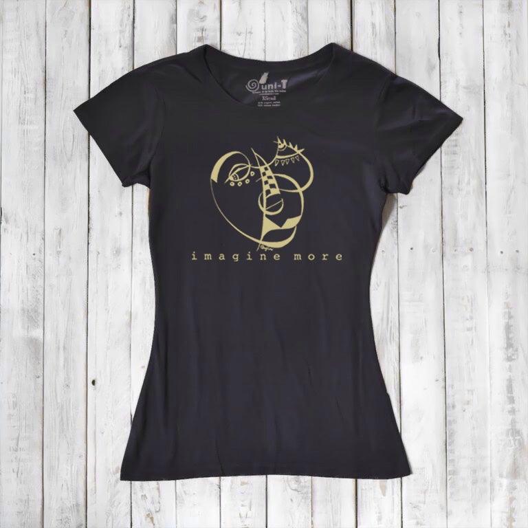 Women's Cubism Face T-Shirt in black bamboo & organic cotton with abstract gold line art and 'imagine more' text. Eco-friendly artistic tee.