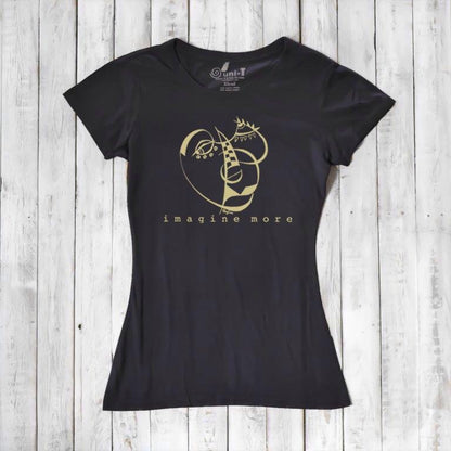 Women's Cubism Face T-Shirt in black bamboo & organic cotton with abstract gold line art and 'imagine more' text. Eco-friendly artistic tee.