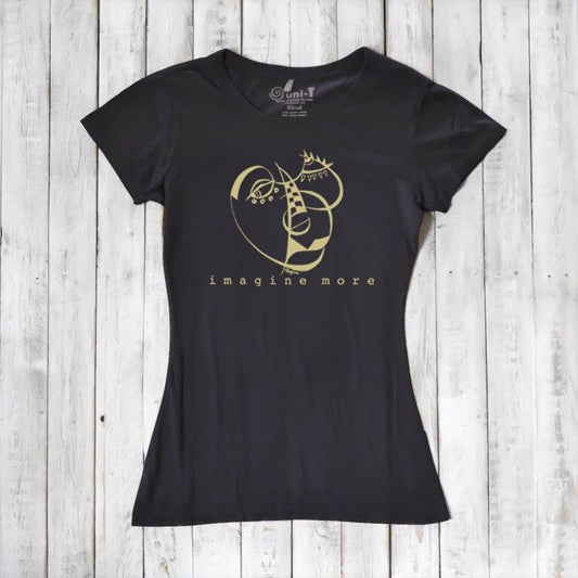 Women's Cubism Face T-Shirt in black bamboo & organic cotton with abstract gold line art and 'imagine more' text. Eco-friendly artistic tee.