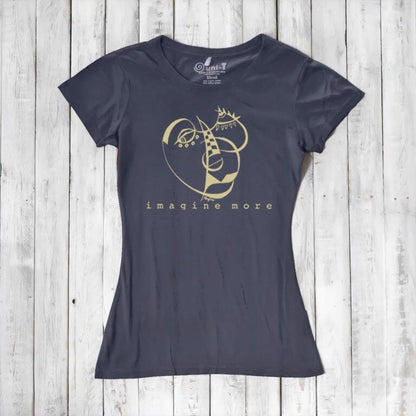 Women's Cubism Face T-Shirt in navy bamboo & organic cotton with gold abstract face design and 'imagine more' slogan. Sustainable graphic tee.