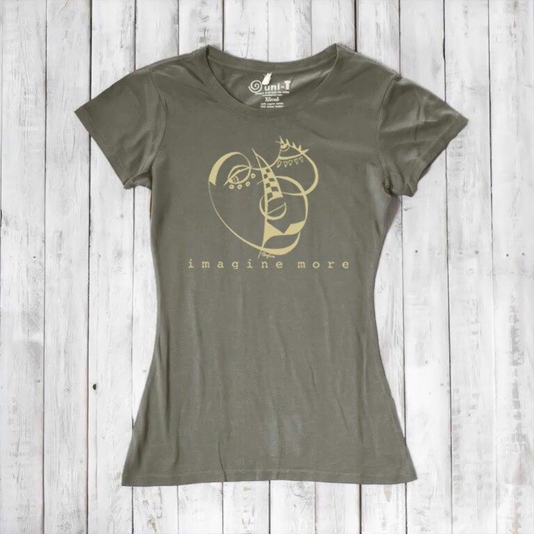 Olive green Women's Cubism Face T-Shirt made from bamboo & organic cotton, showcasing abstract face art and 'imagine more' message. Artistic fashion top.