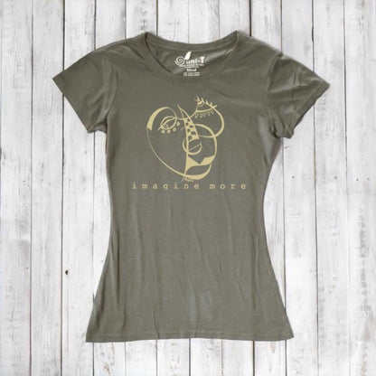 Olive green Women's Cubism Face T-Shirt made from bamboo & organic cotton, showcasing abstract face art and 'imagine more' message. Artistic fashion top.