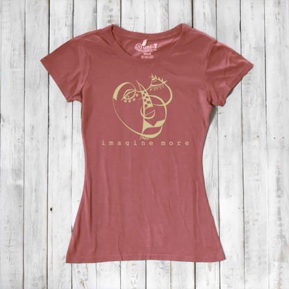 Rust red Women's Cubism Face T-Shirt in bamboo & organic cotton with abstract gold face print and 'imagine more' text. Unique gift for creatives.