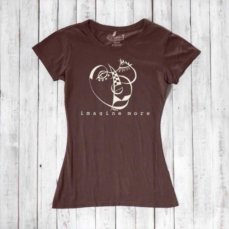Chocolate brown Women's Cubism Face T-Shirt in bamboo & organic cotton with cream abstract face and 'imagine more' slogan. Sustainable art tee.