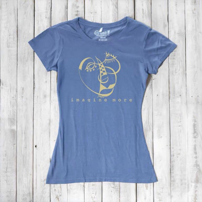 Periwinkle Women's Cubism Face T-Shirt in bamboo & organic cotton with gold abstract face and 'imagine more' text. Contemporary eco-friendly fashion.