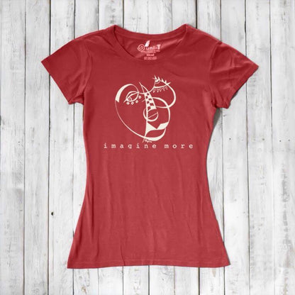 Red Women's Cubism Face T-Shirt in bamboo & organic cotton with white abstract face and 'imagine more' text. Bold artistic tee for creative women.