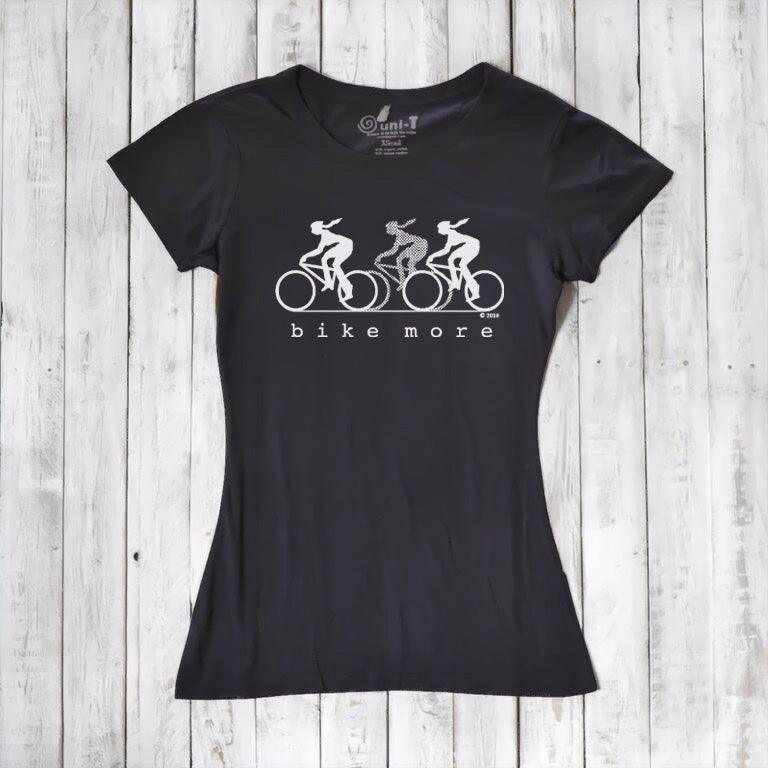 Black Women's Bicycle T-Shirt in Bamboo & Organic Cotton with white 'Bike More' graphic. Stylish and breathable for cycling and fitness wear.