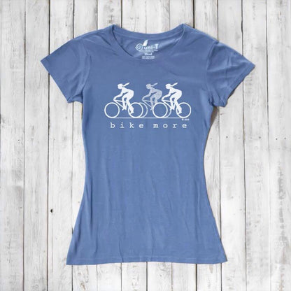 Blue Women's Bicycle T-Shirt in Bamboo & Organic Cotton with white 'Bike More' cycling print. Sustainable and soft tee for active lifestyles.