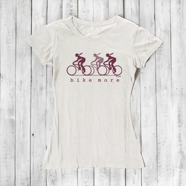 Cream Women's Bicycle T-Shirt in Bamboo & Organic Cotton with maroon 'Bike More' graphic. Great eco-conscious gift for women cyclists.