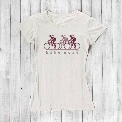 Cream Women's Bicycle T-Shirt in Bamboo & Organic Cotton with maroon 'Bike More' graphic. Great eco-conscious gift for women cyclists.