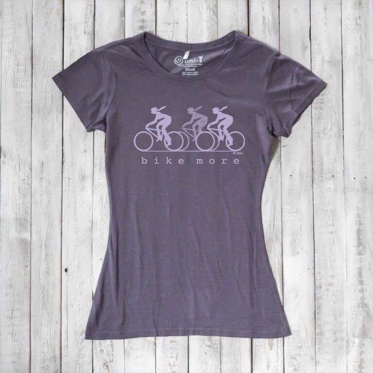 Charcoal Women's Bicycle T-Shirt in Bamboo & Organic Cotton with lavender 'Bike More' graphic. Ideal for sporty, eco-friendly fashion lovers.