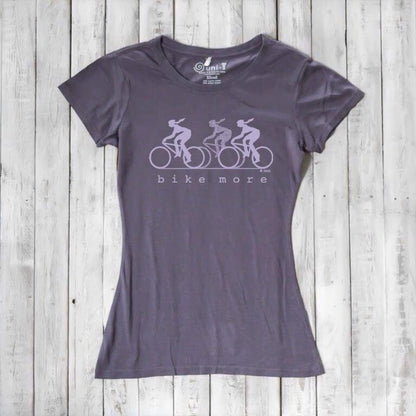 Charcoal Women's Bicycle T-Shirt in Bamboo & Organic Cotton with lavender 'Bike More' graphic. Ideal for sporty, eco-friendly fashion lovers.