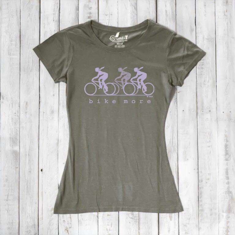 Olive green Women's Bicycle T-Shirt in Bamboo & Organic Cotton with lavender 'Bike More' cycling print. Comfortable and sustainable activewear.