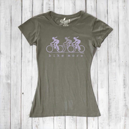 Olive green Women's Bicycle T-Shirt in Bamboo & Organic Cotton with lavender 'Bike More' cycling print. Comfortable and sustainable activewear.