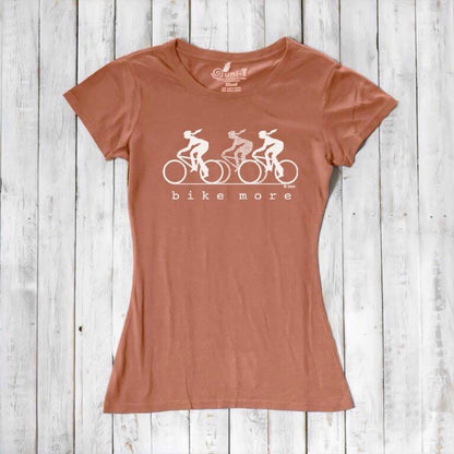 Terracotta Women's Bicycle T-Shirt in Bamboo & Organic Cotton with white 'Bike More' graphic. Eco-friendly tee for outdoor cycling adventures.