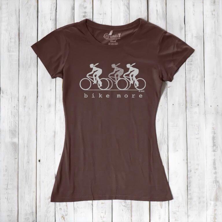 Brown Women's Bicycle T-Shirt in Bamboo & Organic Cotton with light grey 'Bike More' cycling design. Sustainable fashion for active women.