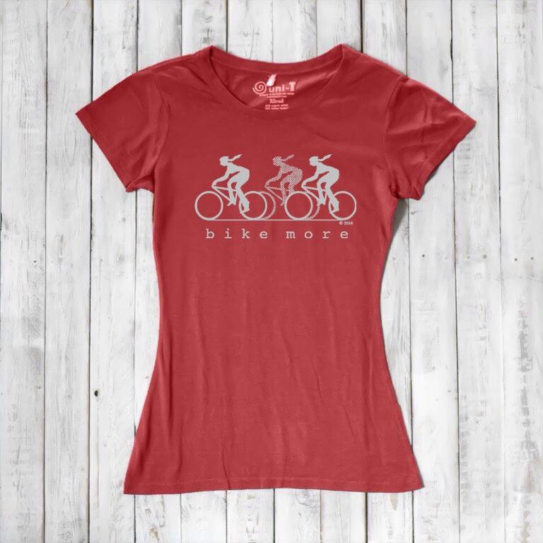 Red Women's Bicycle T-Shirt in Bamboo & Organic Cotton with white 'Bike More' graphic. Breathable and stylish tee for fitness and cycling fans.