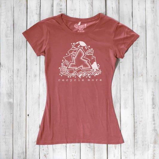 Women's Recycle Symbol T-Shirt in bamboo & organic cotton, eco-friendly red tee with 'Recycle More' graphic, perfect Earth Day gift.