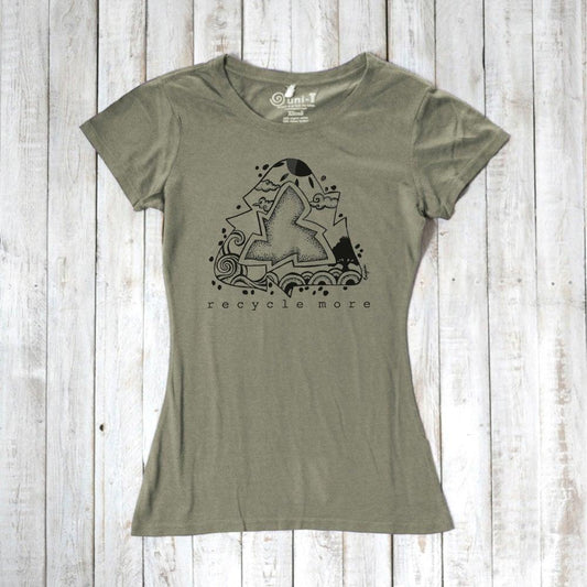 Eco-conscious women's olive green bamboo & organic cotton T-shirt featuring black recycle symbol and 'Recycle More' message by Uni-T.