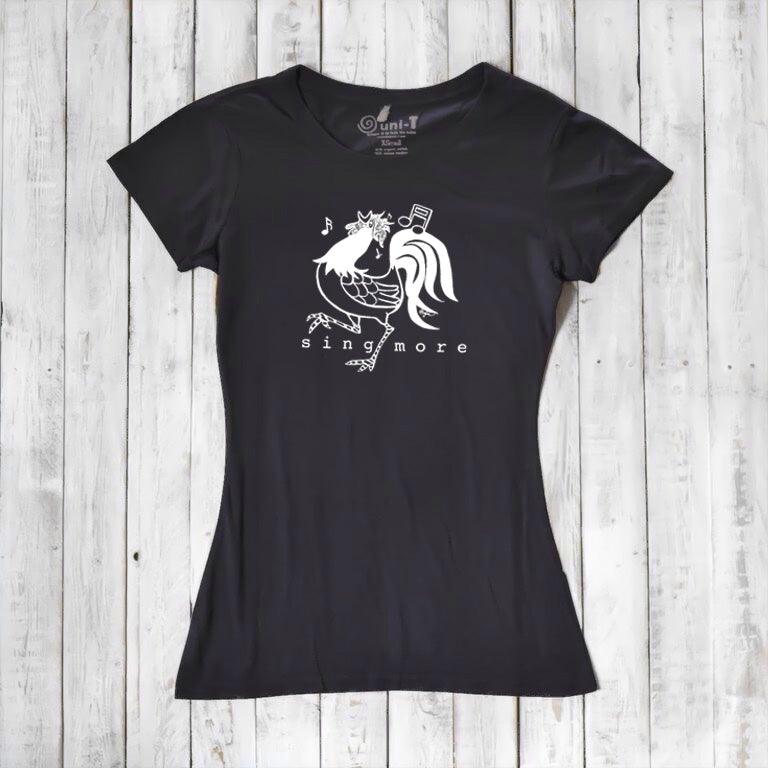 Black women's rooster graphic t-shirt with 'Sing More' text, made from bamboo and organic cotton, ideal for singers and musicians.