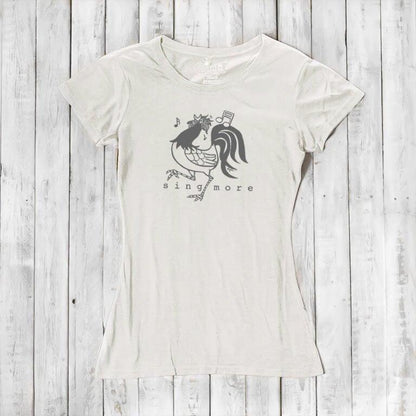 Ivory women's rooster t-shirt with 'Sing More' design, crafted from bamboo and organic cotton, perfect for eco-conscious singers.