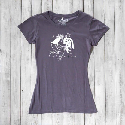 Charcoal grey rooster graphic t-shirt for women with 'Sing More' slogan, made from soft bamboo and organic cotton blend.