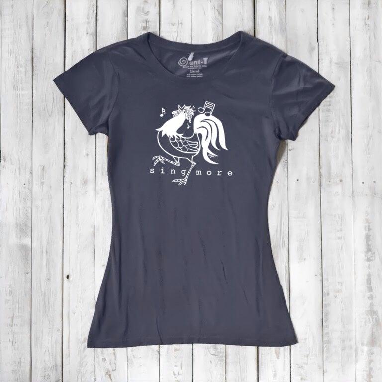Navy blue women's t-shirt with white rooster and 'Sing More' print, made from sustainable bamboo and organic cotton fabric.